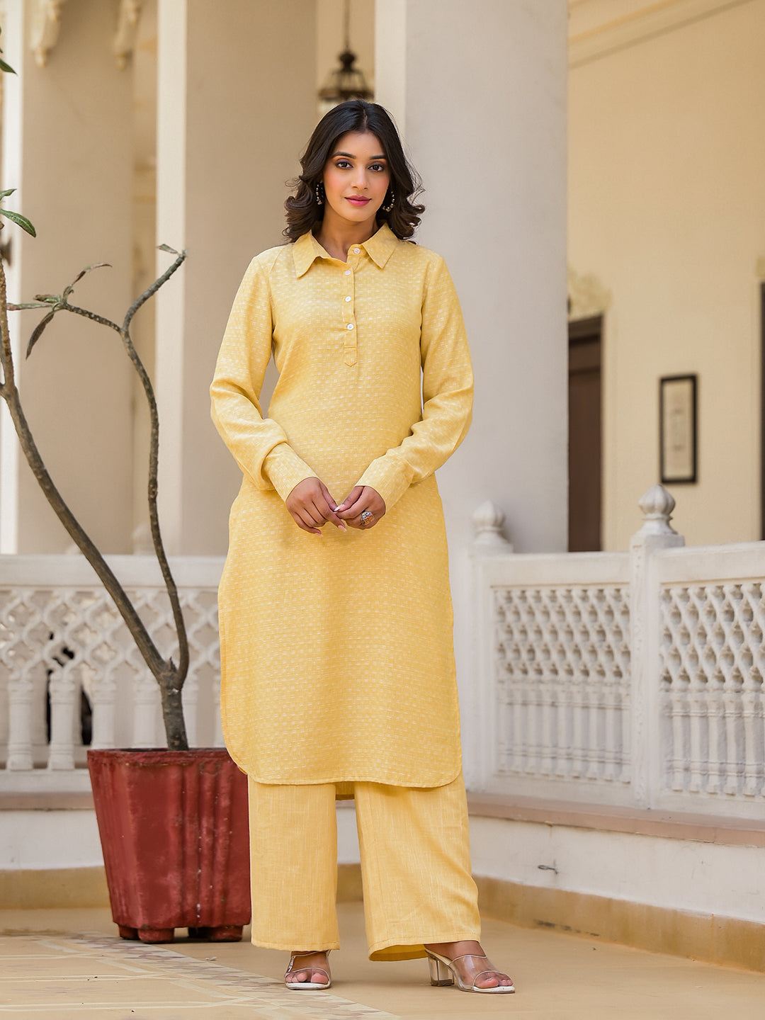 Yellow Pathani Kurta Palazzo Set - Elganza