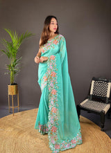 Soft Glossy Silk Designer Saree with Cross Stitch Floral Cutwork Border