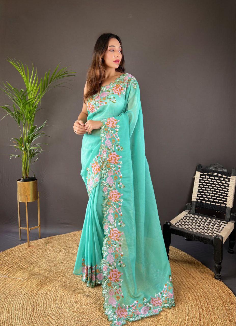 Soft Glossy Silk Designer Saree with Cross Stitch Floral Cutwork Border