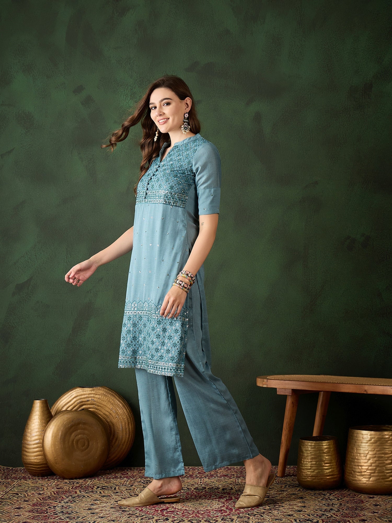 Blue Embroidered Kurta With Palazzo - Elganza