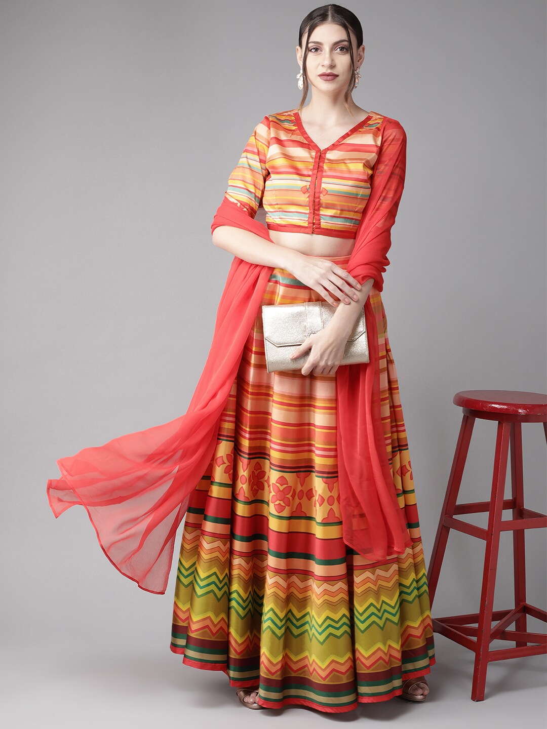 Pink Striped Lehenga Choli With Dupatta - Elganza