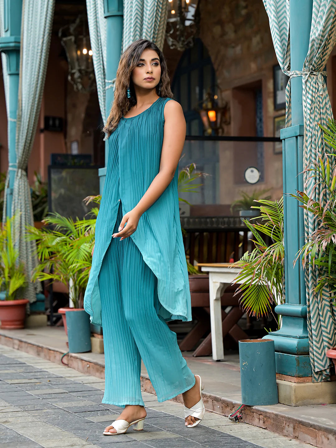 Elegant Green Ombre Pleated Wrap Kurta Set for Women | Georgette A-Line Kurta with Palazzo - M image