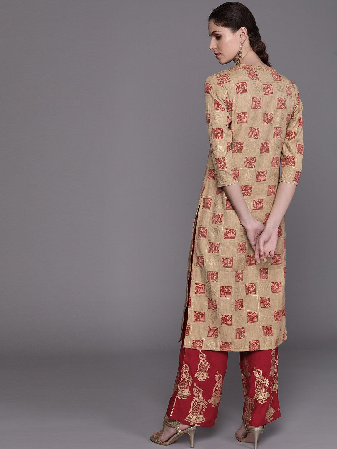 Beige Checked Kurta With Palazzo - Elganza