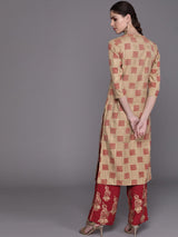 Beige Checked Kurta With Palazzo - Elganza