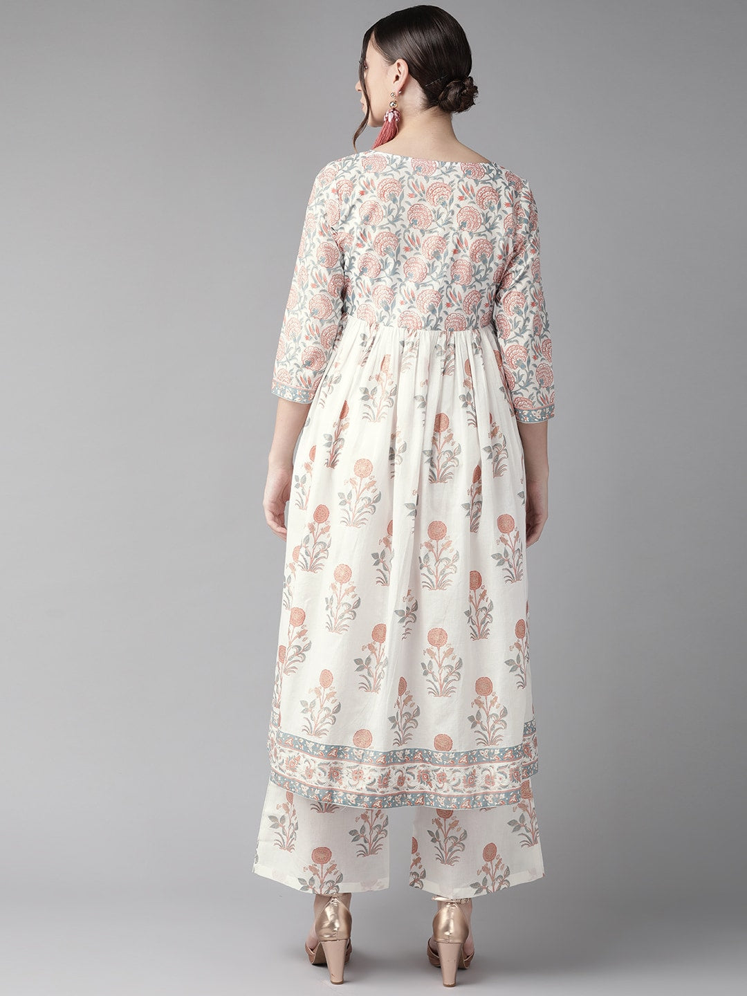White Floral Print Kurta with Tie-Up - Elganza
