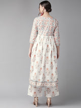 White Floral Print Kurta with Tie-Up - Elganza