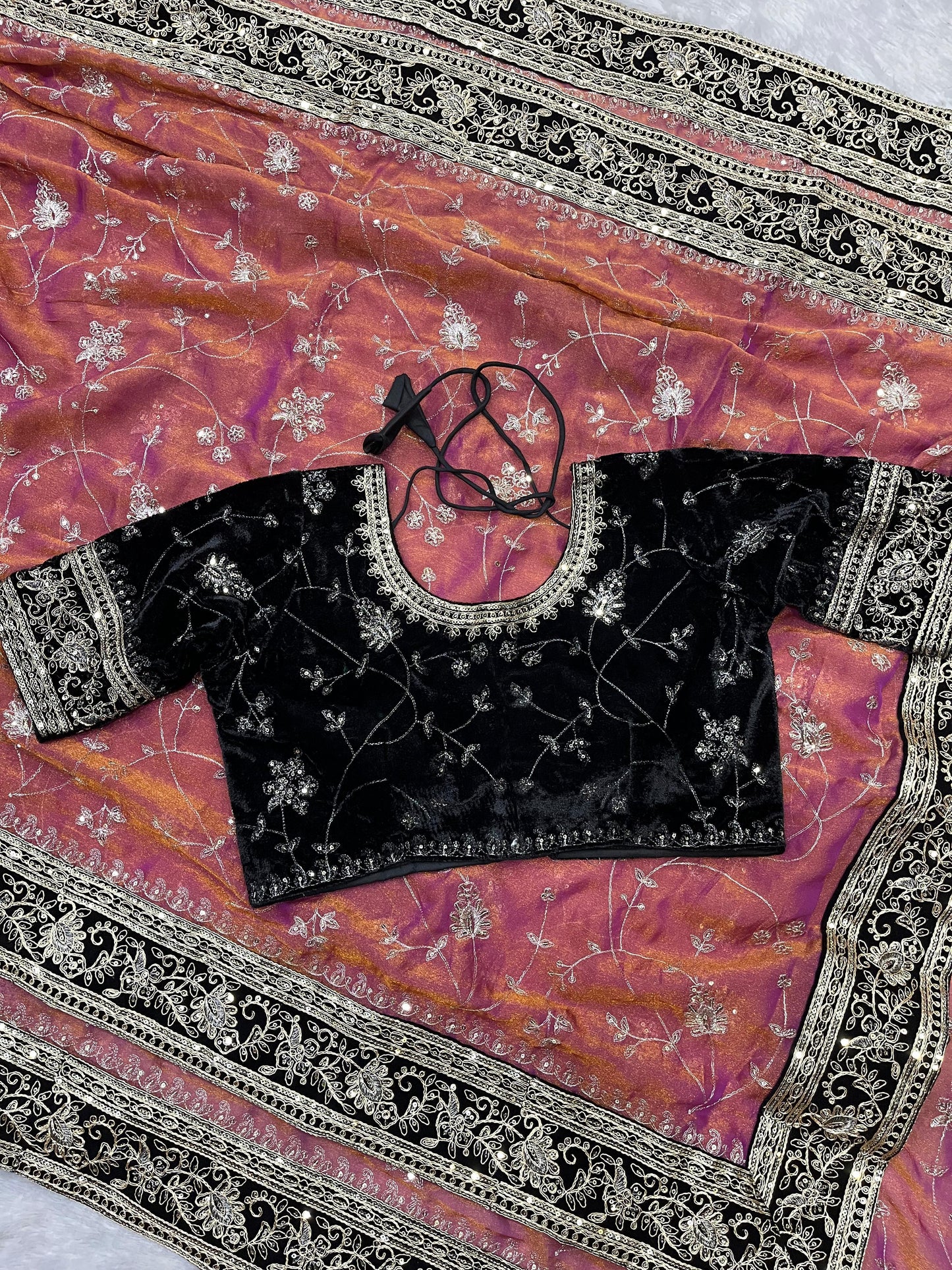 Most Popular Evergreen Soft Mocha Silk Saree with Silver Jari & Sequins Embroidery