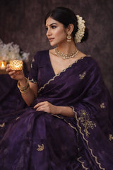 Designer Fandy Satin Silk Saree with Floral Pipe & Pearl Embellishment and Matching Unstitched Blouse