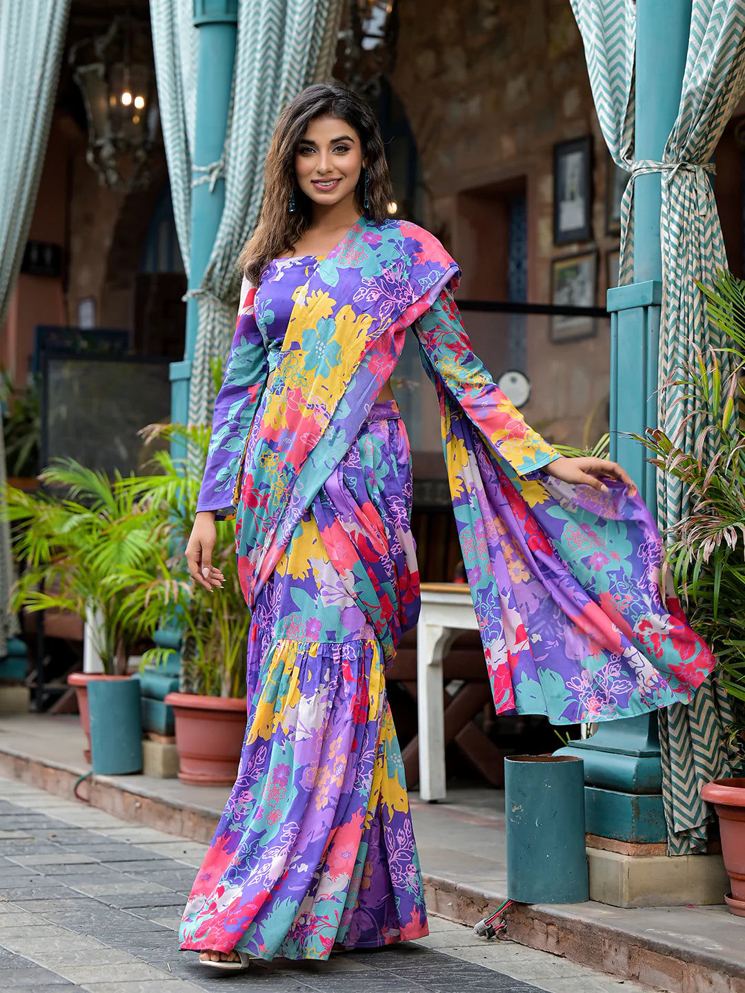 Purple Digital Printed Ready-to-Wear Saree for Women | Poly Chinon Saree with Blouse image 6
