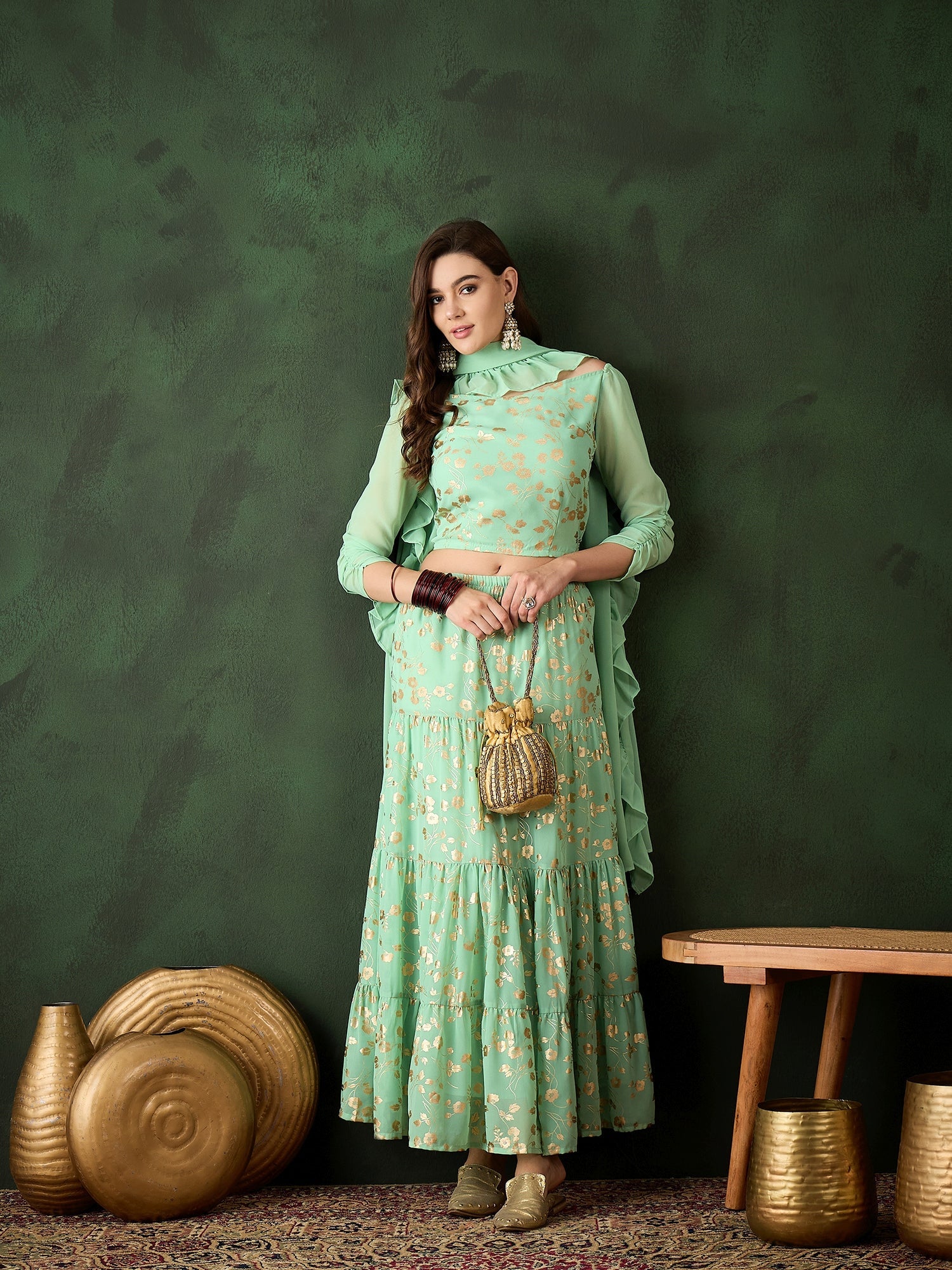Green Floral Print Lehenga Choli Set - Elganza