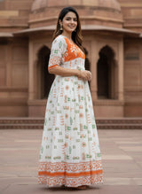 Stylish Pure Cotton Tricolour Geometric Printed Flaired Gown for Independence Day