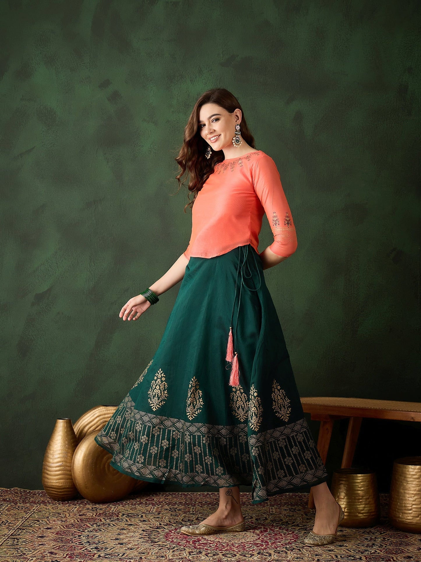 Green & Peach Block Print Lehenga Choli - Elganza