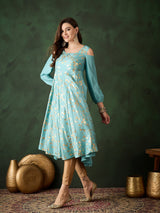 Pastel Blue Foil Print Flared Anarkali - Elganza