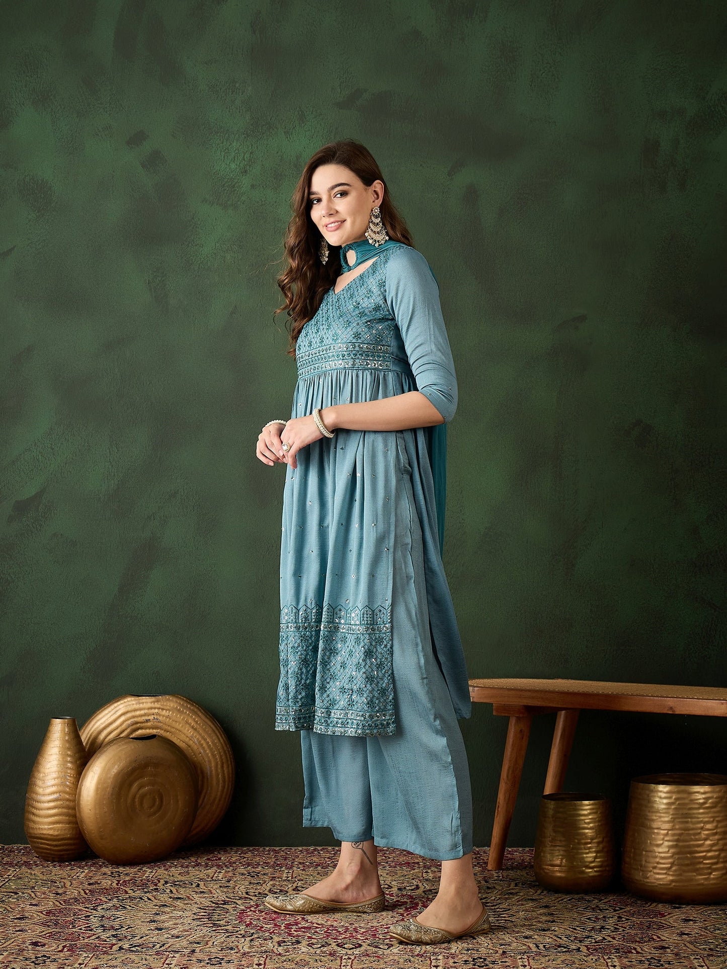 Blue Embroidered Nyra-Cut Kurta Palazzo With Dupatta - Elganza