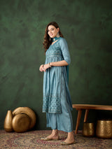 Blue Embroidered Nyra-Cut Kurta Palazzo With Dupatta - Elganza
