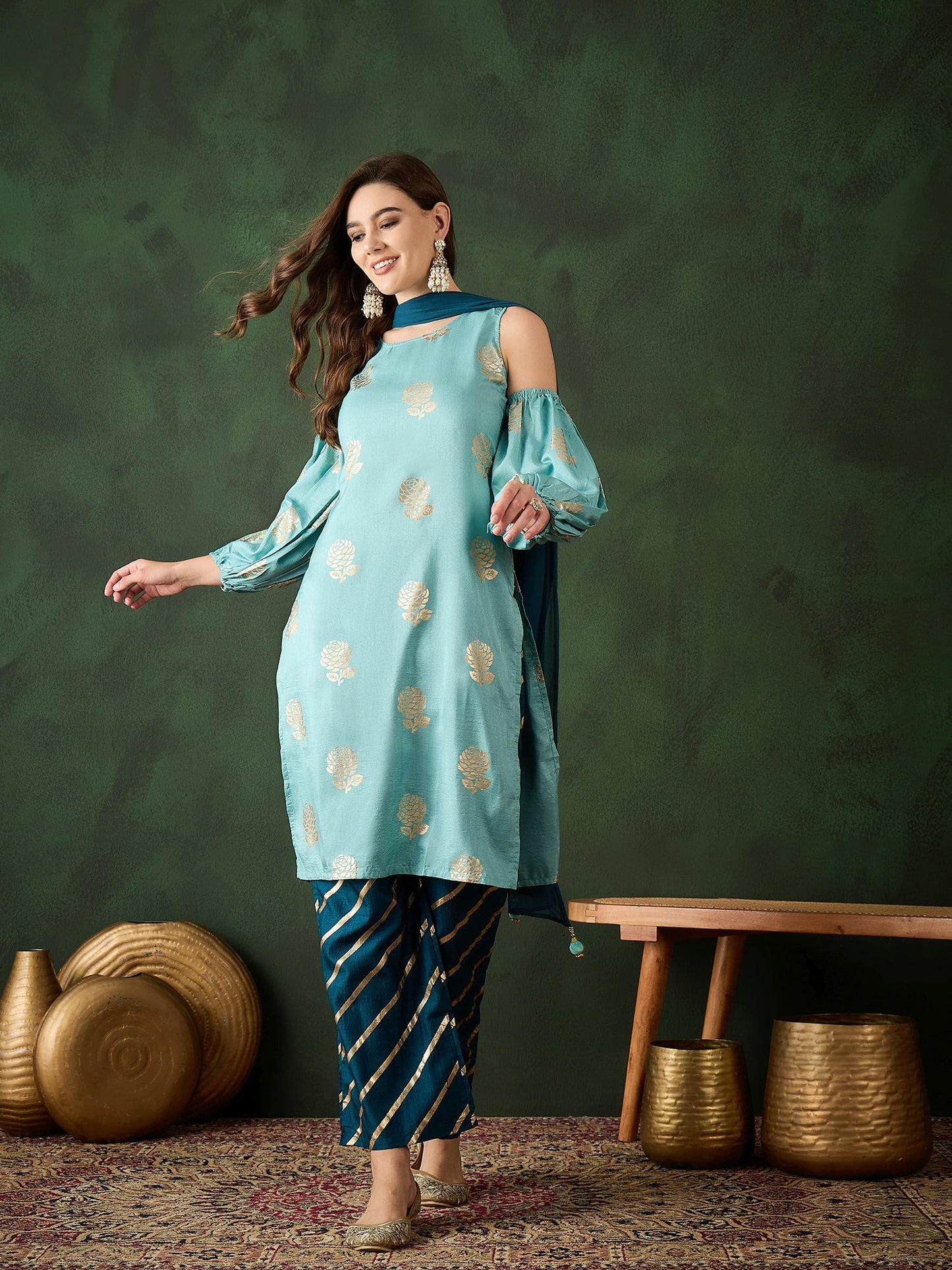 Blue Gold Printed Kurta Palazzo With Dupatta - Elganza