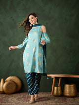 Blue Gold Printed Kurta Palazzo With Dupatta - Elganza