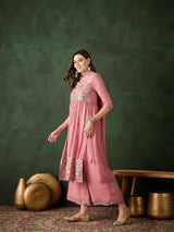 Pink Embroidered Nyra-Cut Kurta Palazzo With Dupatta - Elganza