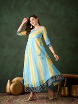 Blue Embroidered Flared Maxi Dress - Elganza