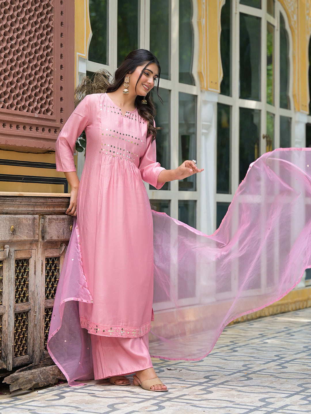 Powder Pink A-Line Kurta With Mirror Work On Dupatta - Elganza