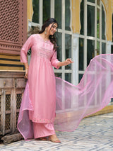 Powder Pink A-Line Kurta With Mirror Work On Dupatta - Elganza