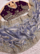 Designer Fandy Satin Silk Saree with Sequins & Jari Embroidery and Cutwork Border with Full-Stitch Blouse