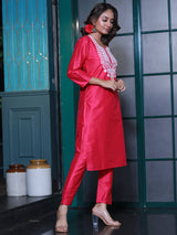 Hot Pink Embroidered Cotton Silk Kurta Set - Elganza