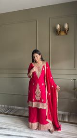 Designer Fendi Satin 3 Piece Suit Set with Embroidery Work & Lace Border (Top, Plazo & Dupatta)