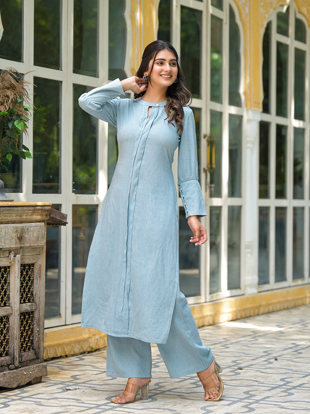 Powder Blue Solid Kurta with Palazzo - Elganza