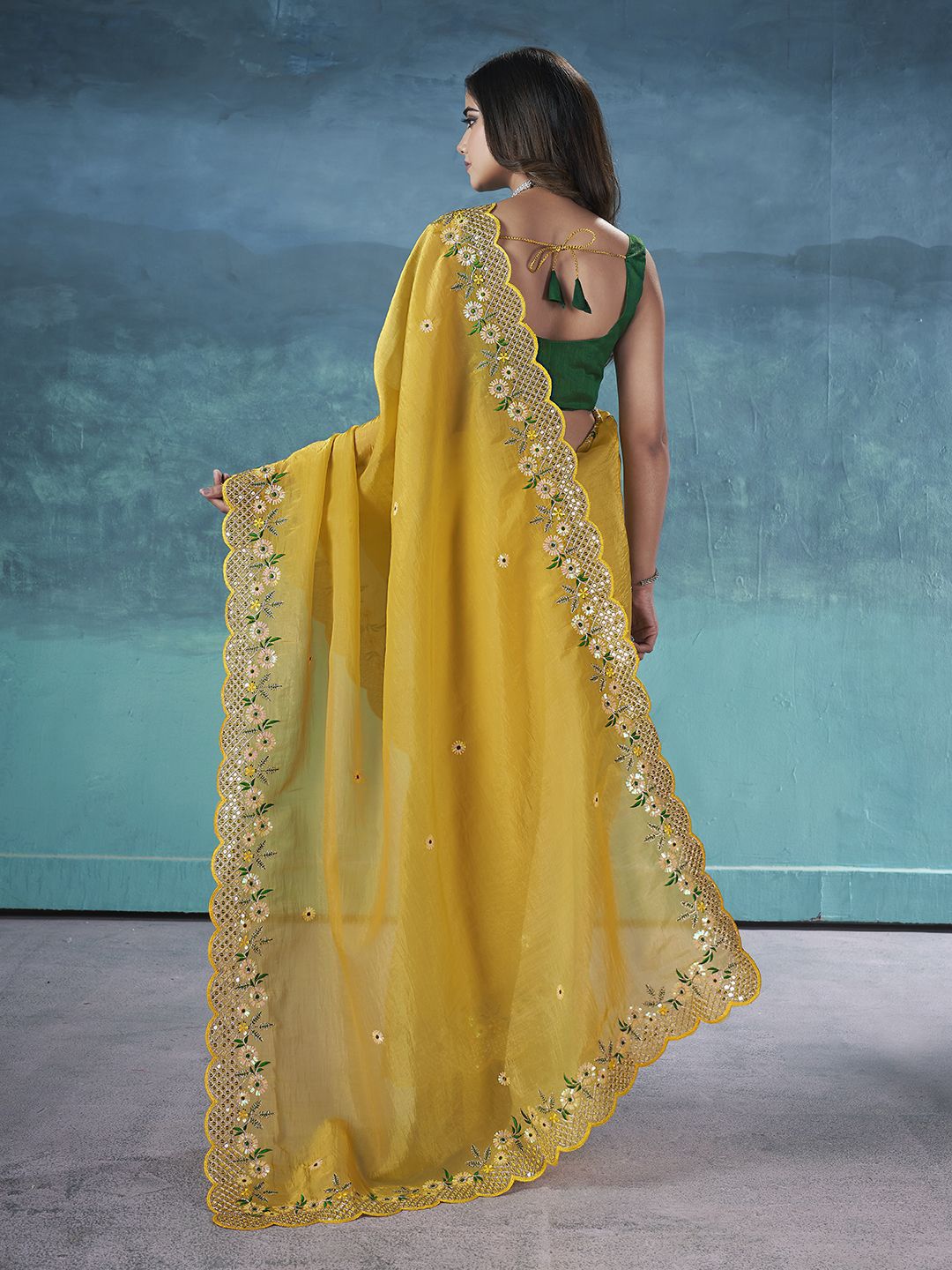 Traditional Designer Gold Crunchy Saree with Floral Embroidery and Cutwork Border