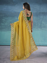 Traditional Designer Gold Crunchy Saree with Floral Embroidery and Cutwork Border