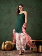Green Kurta With Floral Print Palazzo & Dupatta - Elganza
