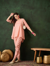 Pink Lurex Designed Flared Co-Ord Set - Elganza