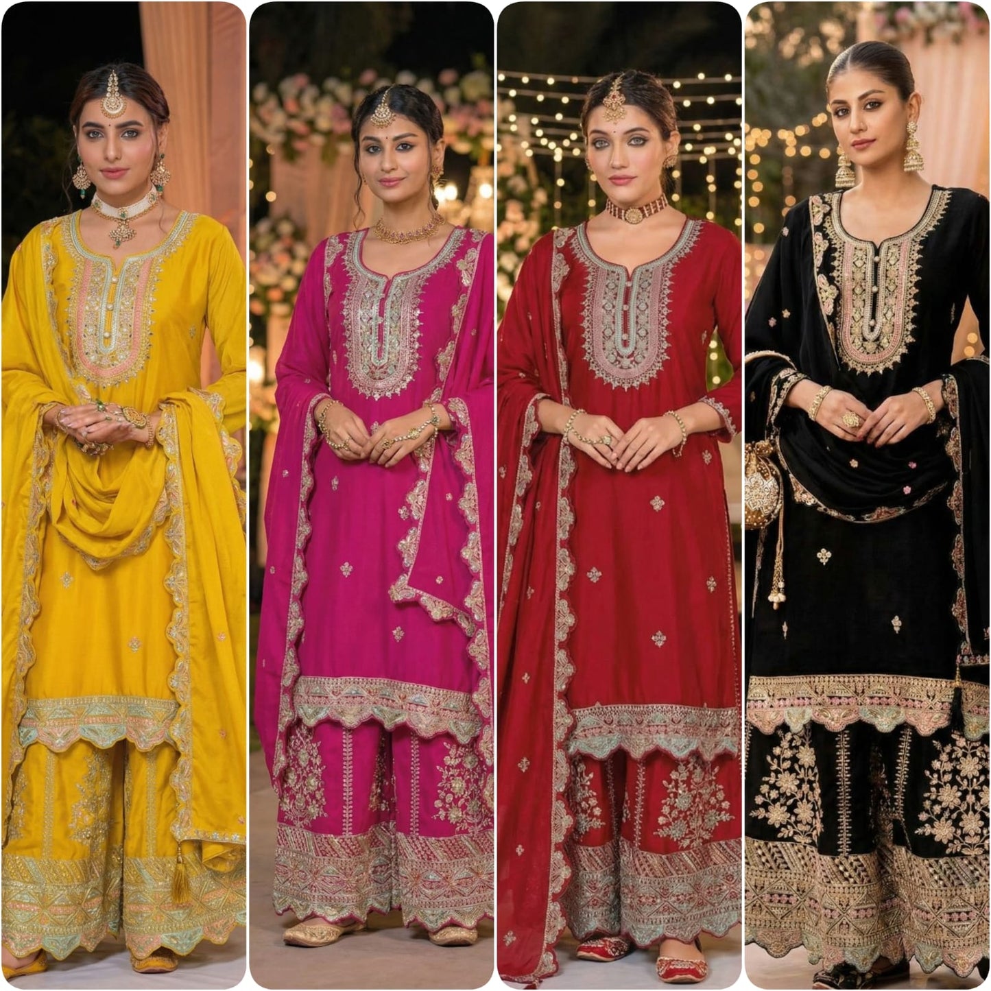 Heavily Embroidered Chinon Kurti Plazo Dupatta Ready-Made Set