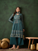 Teal Embroidered Nyra-Cut Kurta Palazzo With Dupatta - Elganza