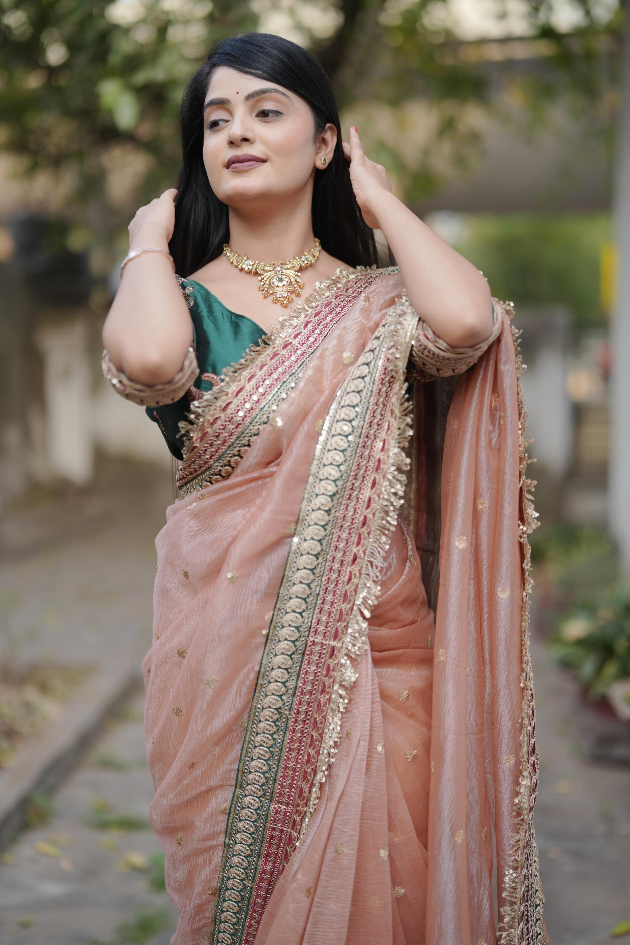 Designer Heavy Banarasi Crush Saree with Sequins &amp; Embroidered Lace Border