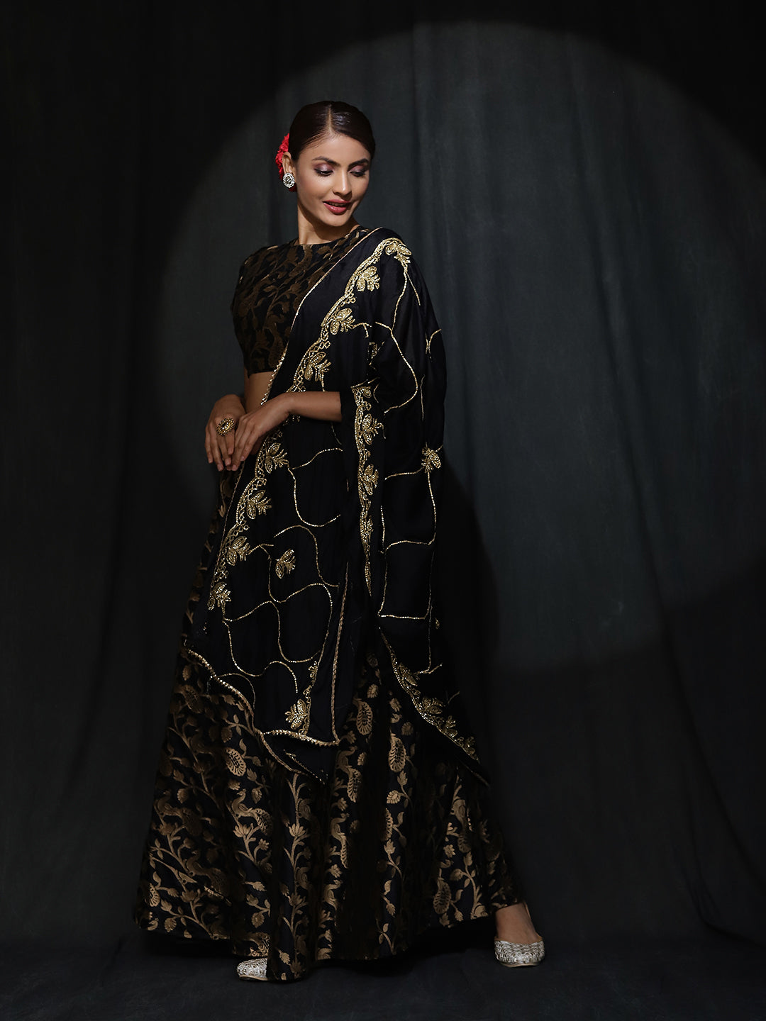 Black Jacquard Lehenga Choli With Dupatta - Elganza