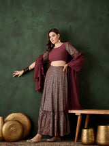 Burgundy Foil Printed Lehenga Choli With Dupatta - Elganza