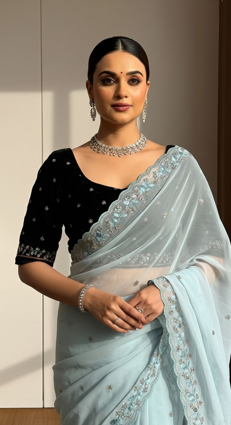 Designer Faux Georgette Handwork Saree with Beads & Sequins Border and Velvet Blouse – Ice Blue / Off White