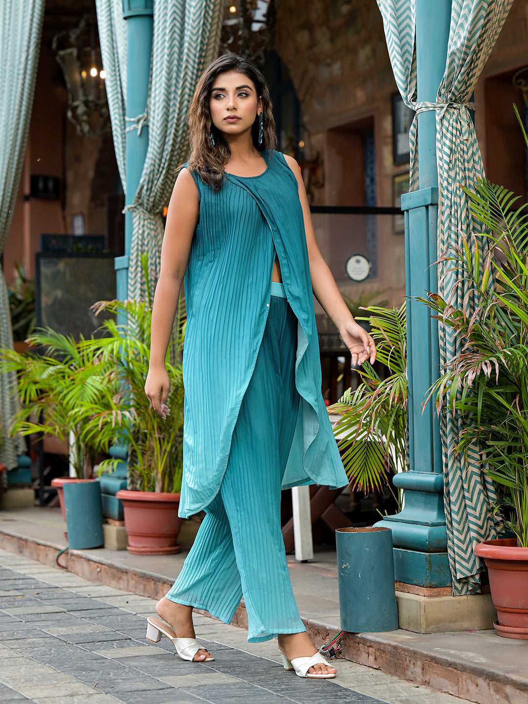 Green Ombre pleated Wrap Kurta Set - Elganza