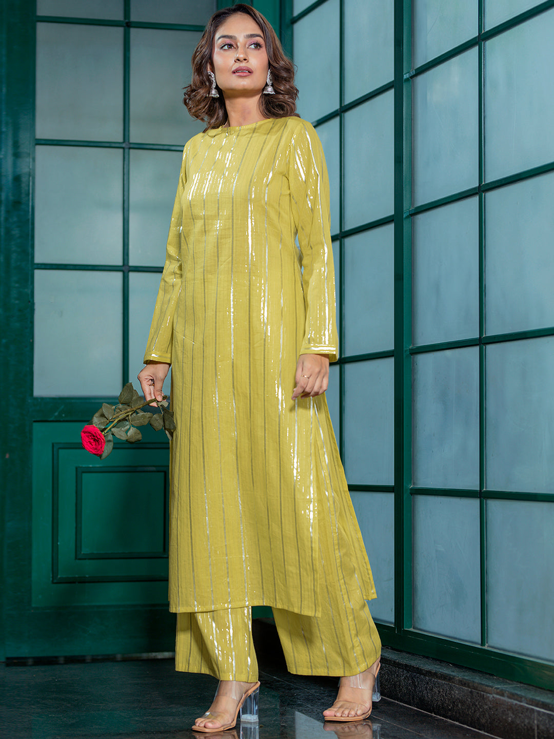 Lime Green Lurex Kurta Set - Elganza