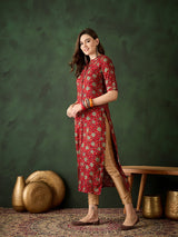 Red Gold Print Button Down Kurta - Elganza