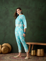 Turquoise Blue Floral Print Co-Ord Set - Elganza
