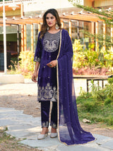 Women Designer 3 Piece Velvet Suit Set with Embellished Top, Velvet Bottom & Faux Georgette Dupatta