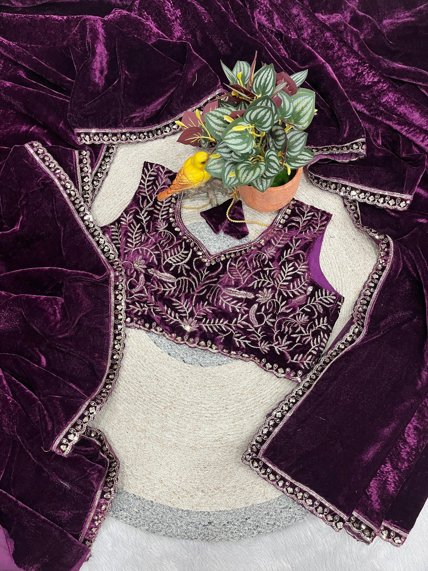 Luxury 9000 Quality Velvet Saree with Fine 3mm Sequin Jari Embroidered Cutwork Border & Ready Blouse