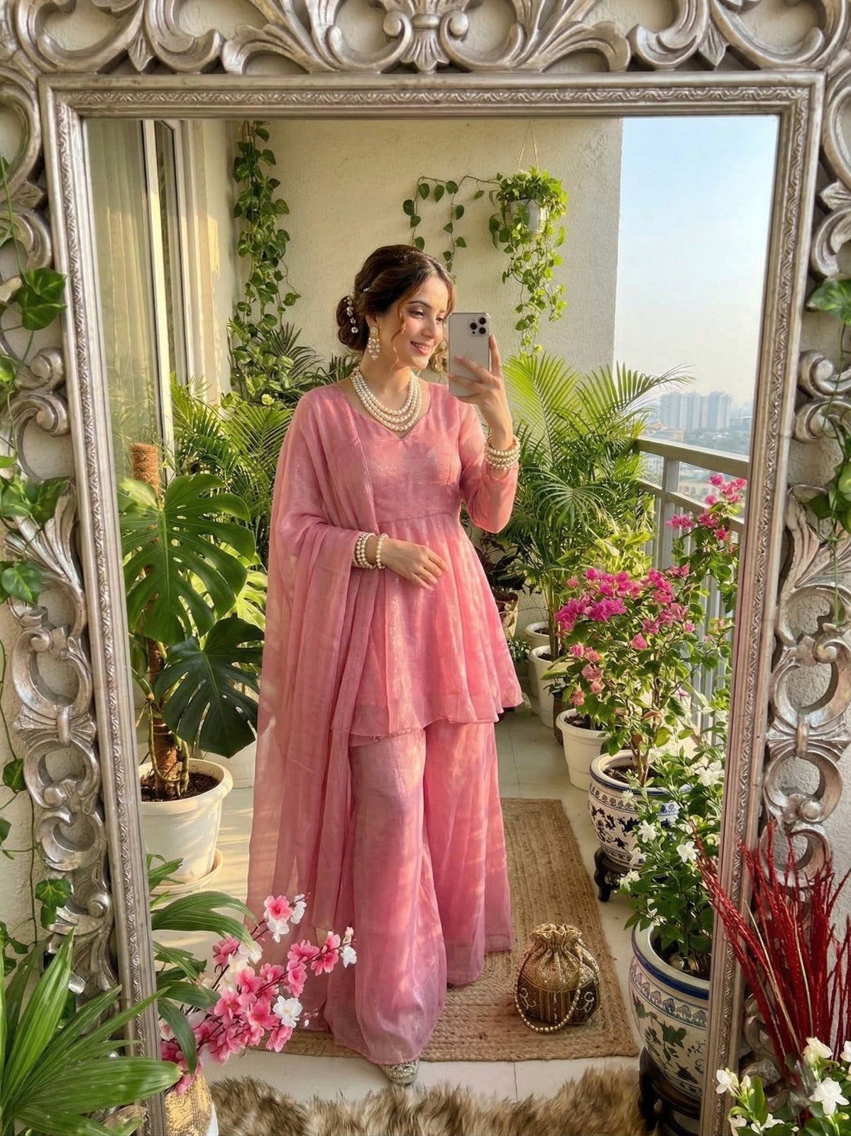 Designer Crunchy Silk 3 Piece Suit Set with V-Neck Top, Flared Palazzo & Dupatta