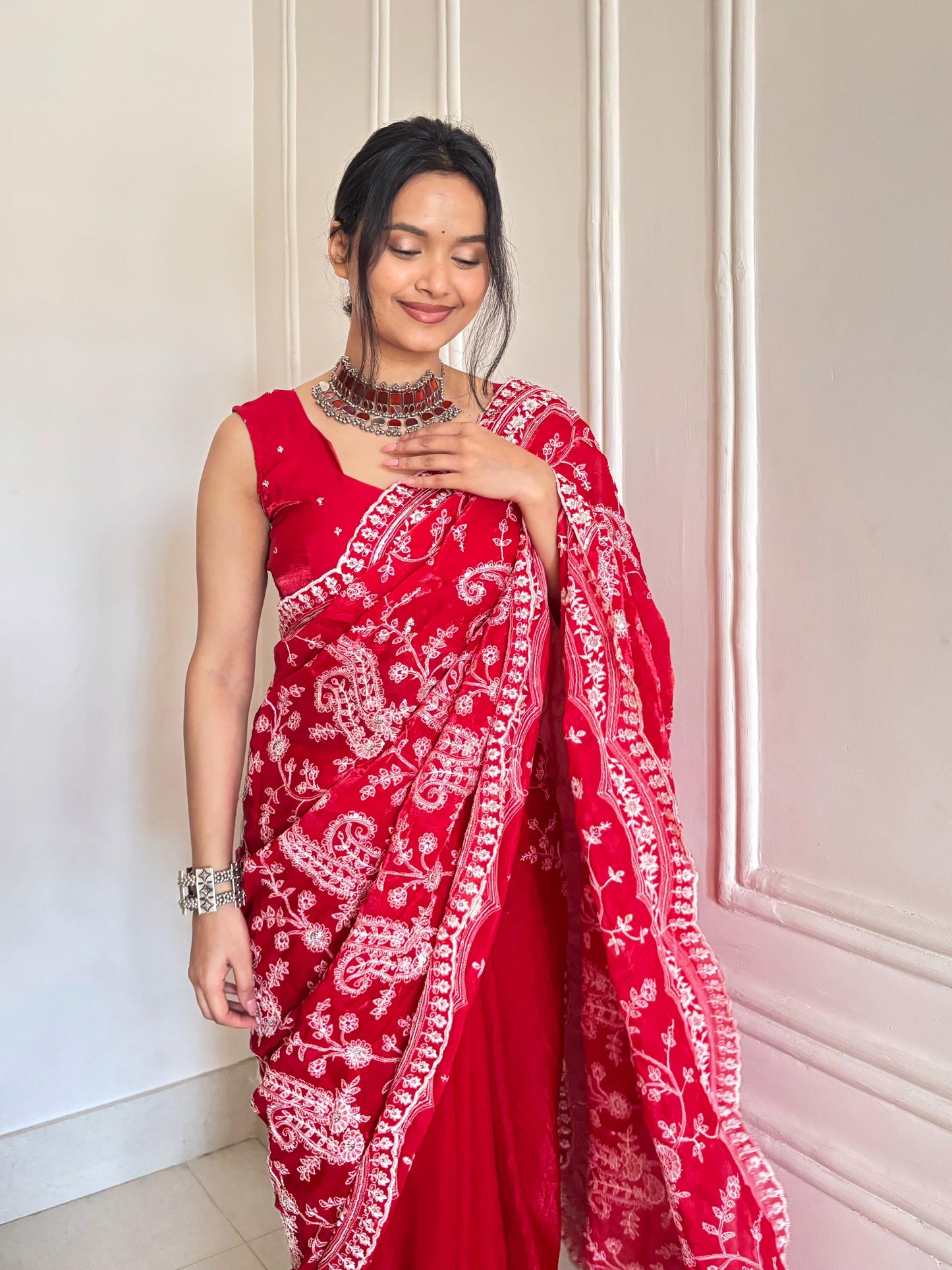 Beautiful Designer Bollywood Fandy Satin Silk Saree with Sequins & Malti Thread Embroidery