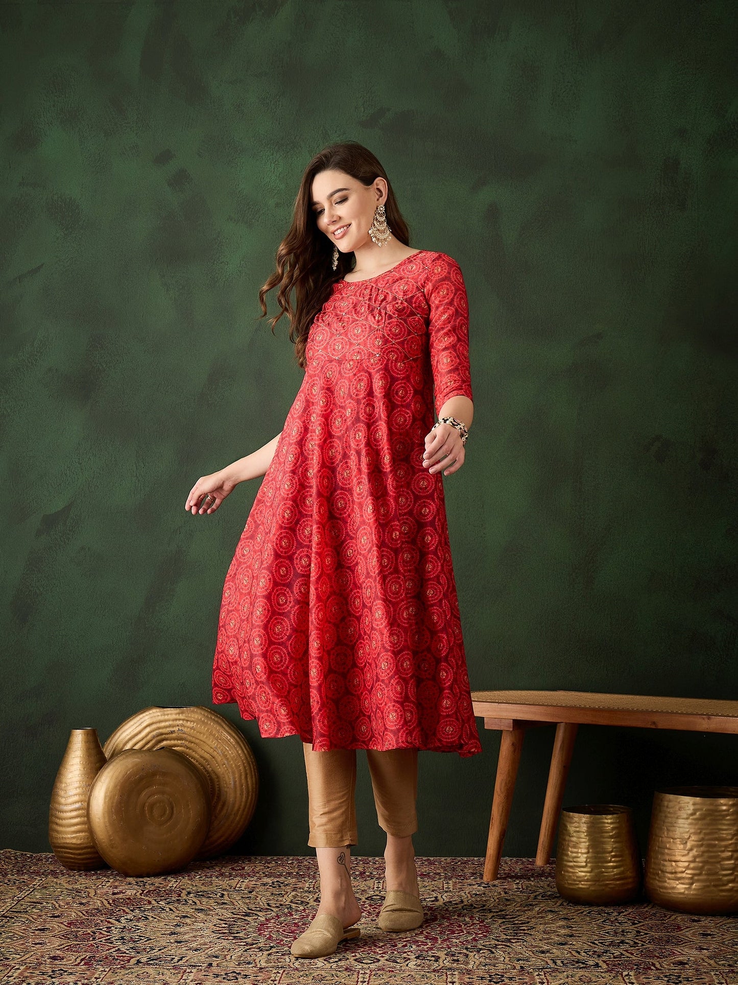 Red Geometric Print Anarkali - Elganza