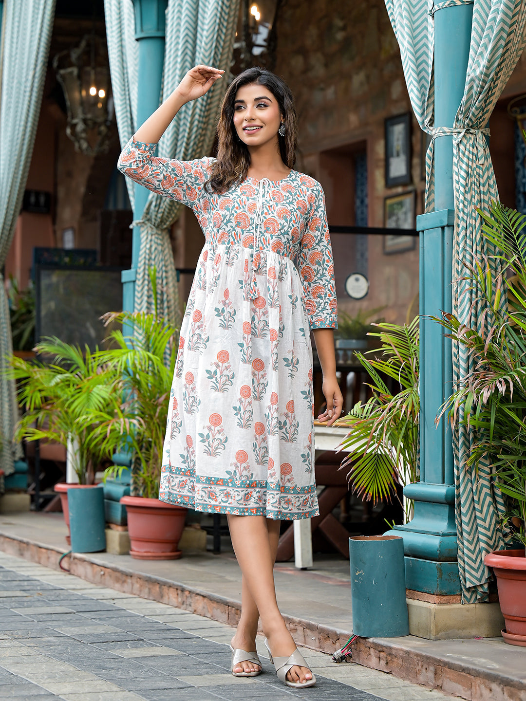 White Mughal Print A-Line Dress - Elganza