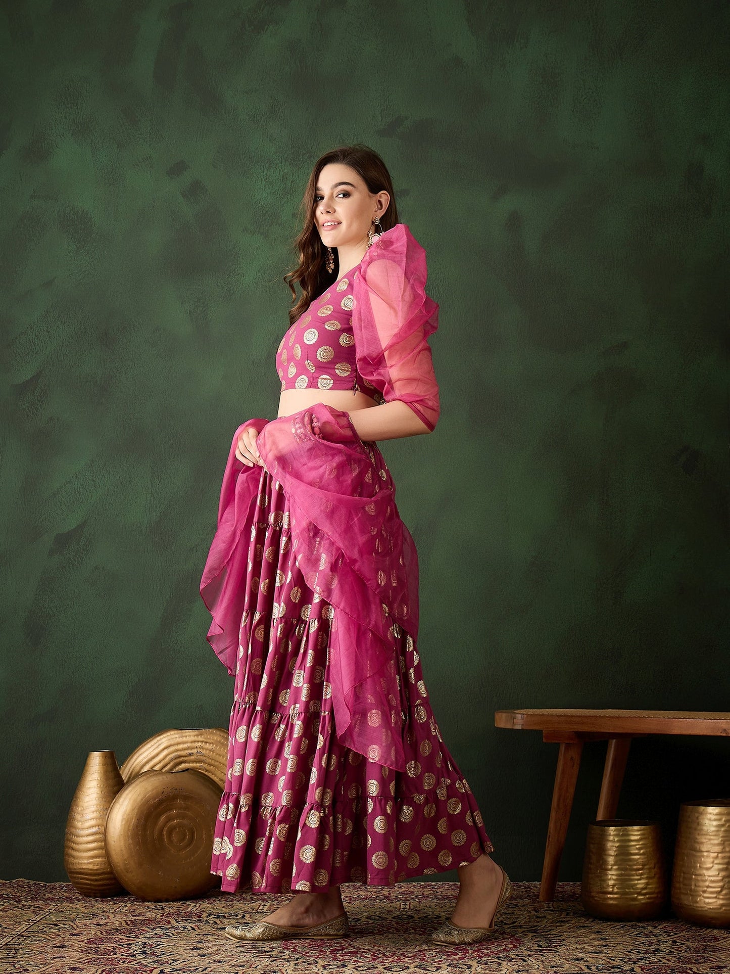Magenta Foil Print Lehenga Choli With Dupatta - Elganza